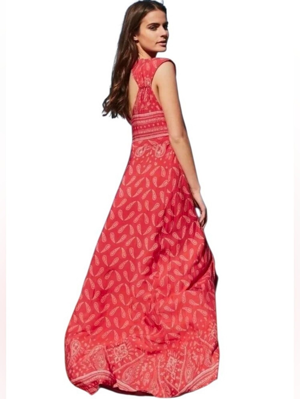 JAASE Red Bandana Print Paisley Open Back Flowy Wrap Maxi Dress - Large
